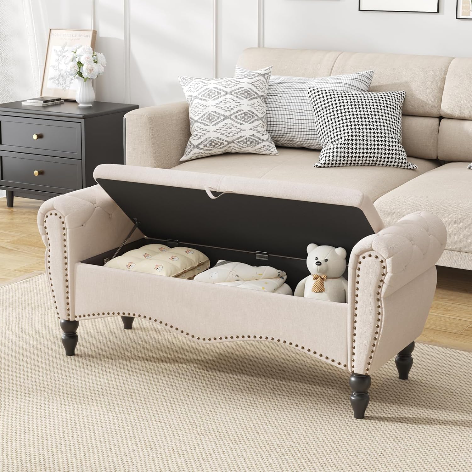 Furniliving Modern Storage Ottoman Bench, Sherpa Ottoman End of Bed Bench with Solid Wood Legs Upholstered Ottoman Benches with Storage Indoor Bench wourant