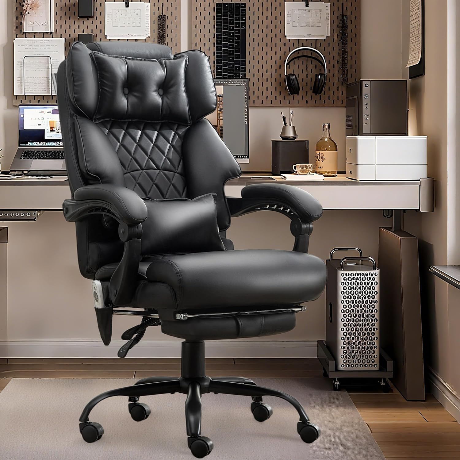 Massage Office Chair with Footrest, Large and Tall Leather Office Chair 500 lbs wourant