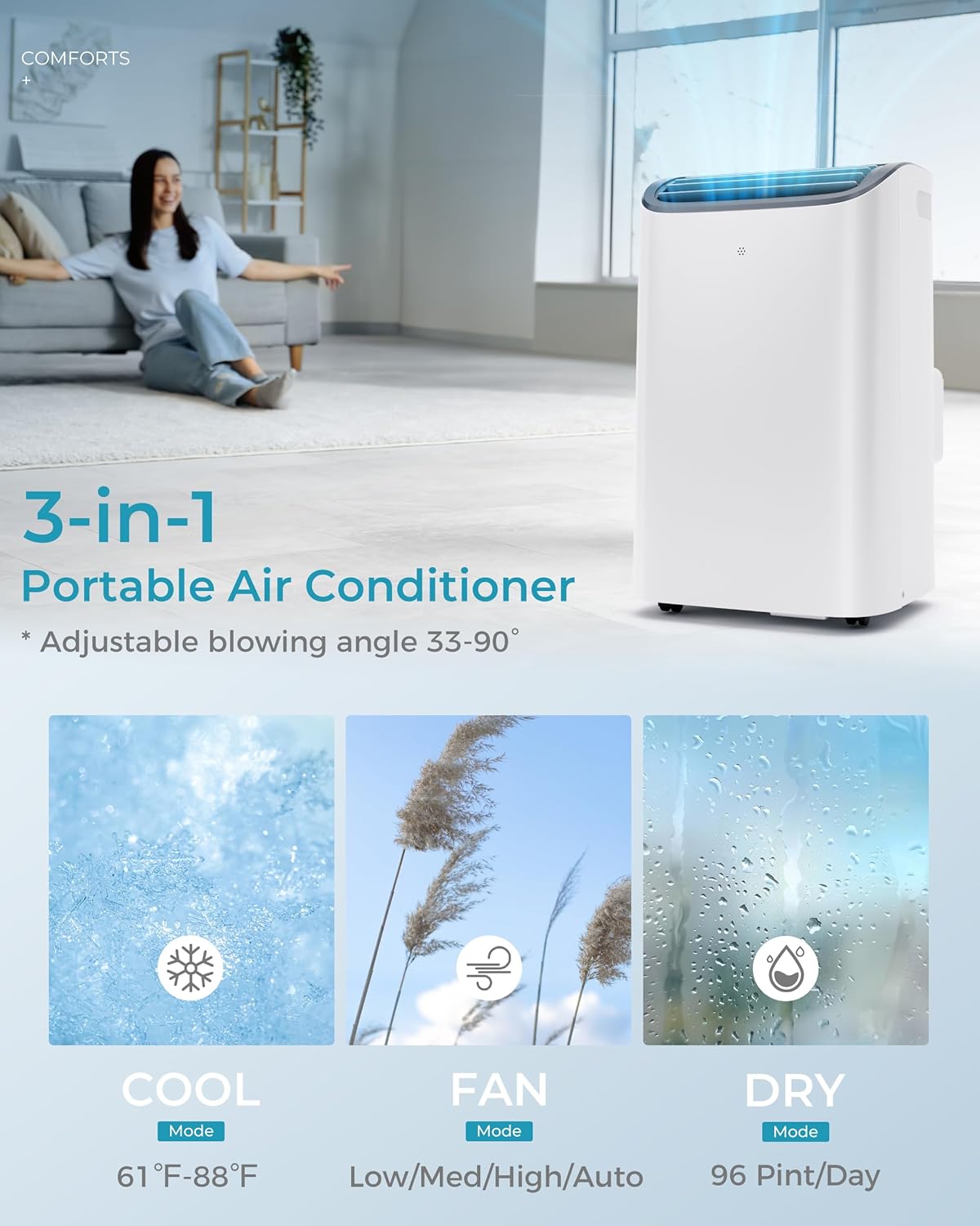 EUHOMY 8,000 BTU Portable Air Conditioners, 4-in-1 Portable AC Unit Up to 350 Sq.Ft, 4 Modes Quiet Air Conditioner with Remote Control, Cool, Fan, Dehumidifier, 24H Timer, Bedroom, Office, Apartments wourant
