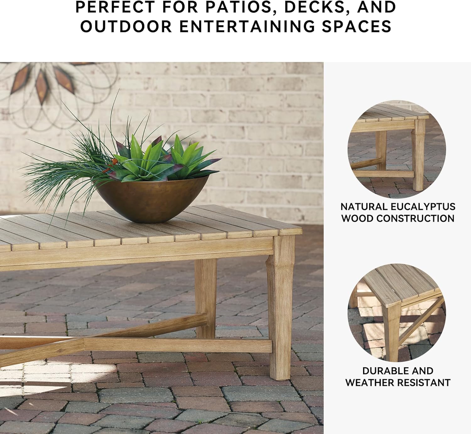 Signature Design by Ashley Clare View Coastal Outdoor Patio Eucalyptus Sofa with Cushions, Beige wourant