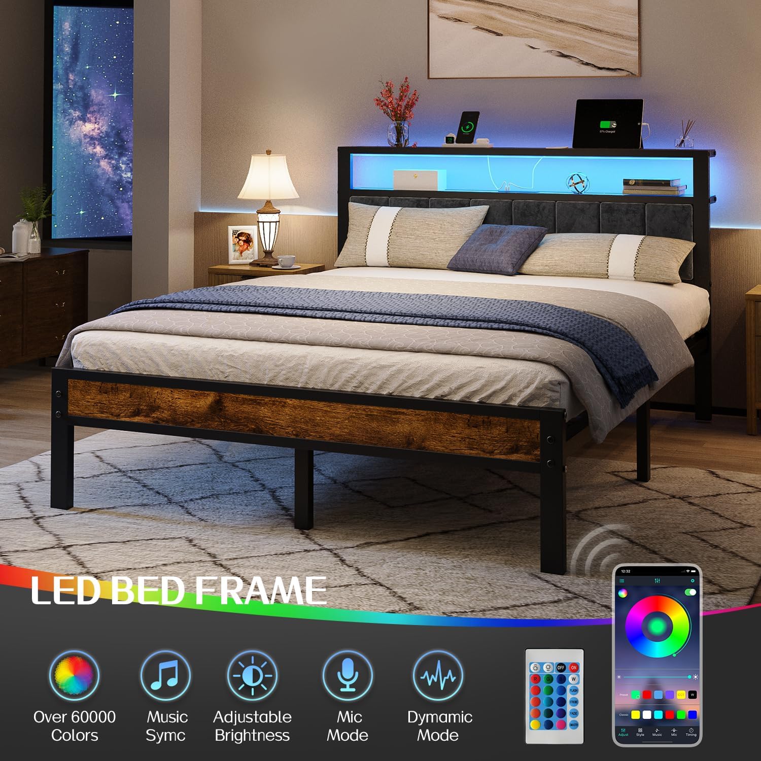 Queen Size Bed Frame with 2-Tier Storage Shelves Headboard Platform Bed Charging Station wourant