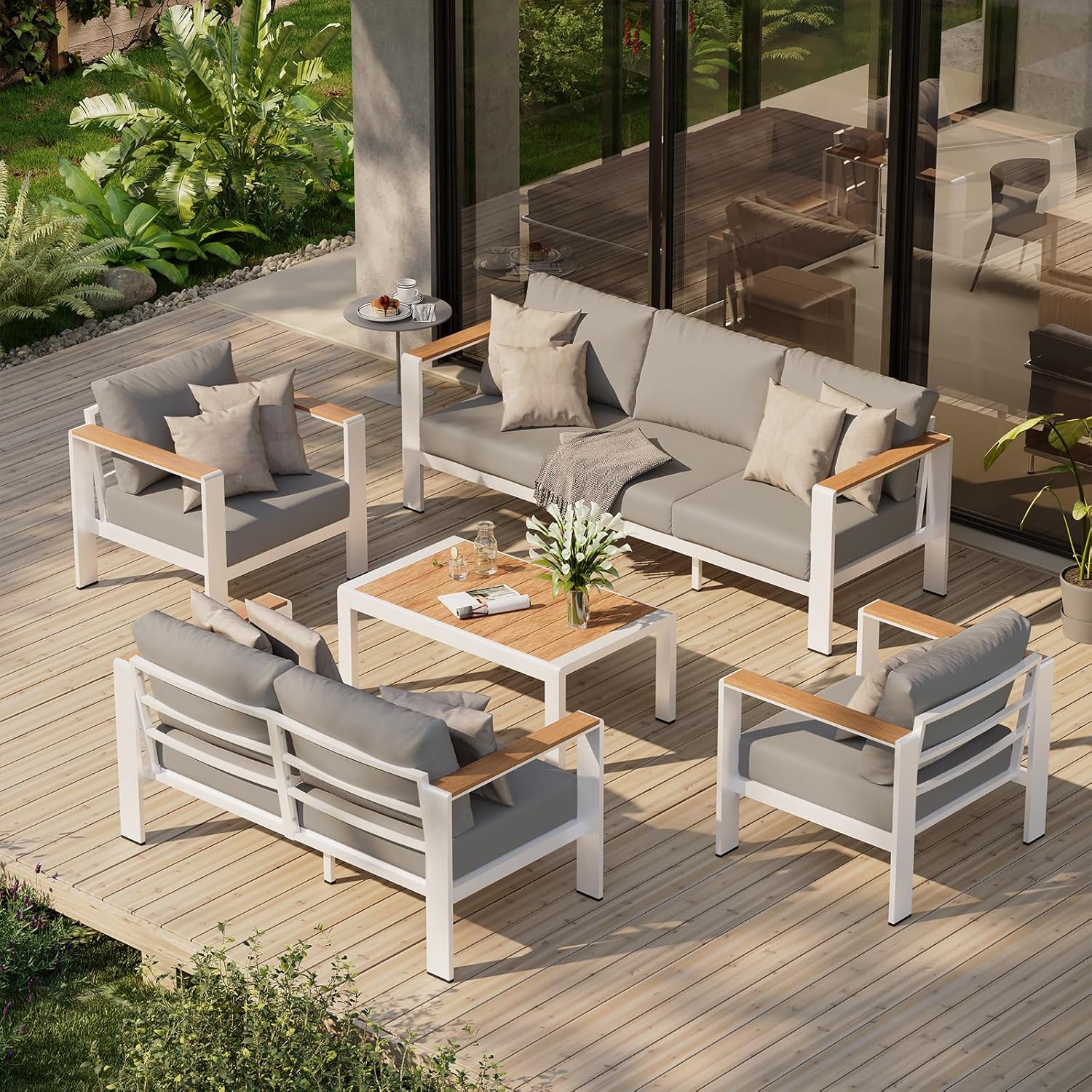 Aluminum Outdoor Patio Furniture Set with Coffee Table, 4 Piece Patio Conversation Sets with Washable Thick Cushions, Outdoor Sectional Furniture Set for Poolside, Balcony, Deck, Gray woonhhop