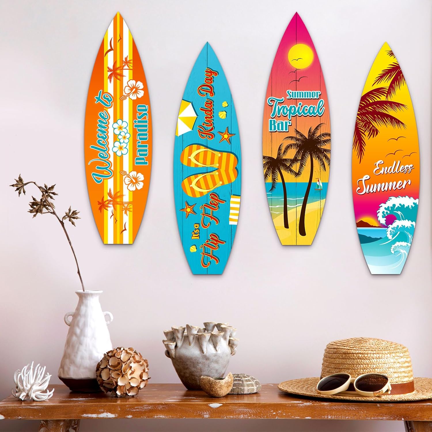 Blulu 4 Pcs Surfboard Wall Decor Surfboard Wall Hanging Sign Wooden Beach Decoration Summer Theme Decor Hawaiian Luau Party Decoration for Home Bar Aloha Tropical Birthday Party(Tiki) wourant