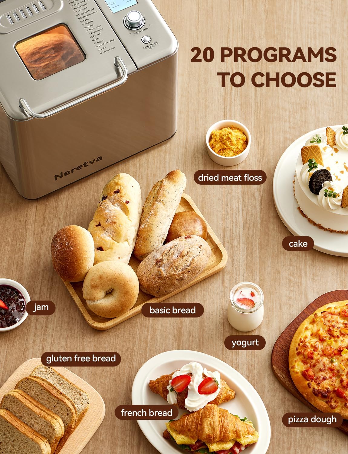 Neretva Bread Maker, 20-IN-1 2LB Bread Machine Dual Heater Bread Maker Machine Automatic with Nonstick Ceramic Pan, 15H Timer & 1H Keep Warm Set, Low Noise, Stainless Steel Breadmaker Recipe-Green wourant