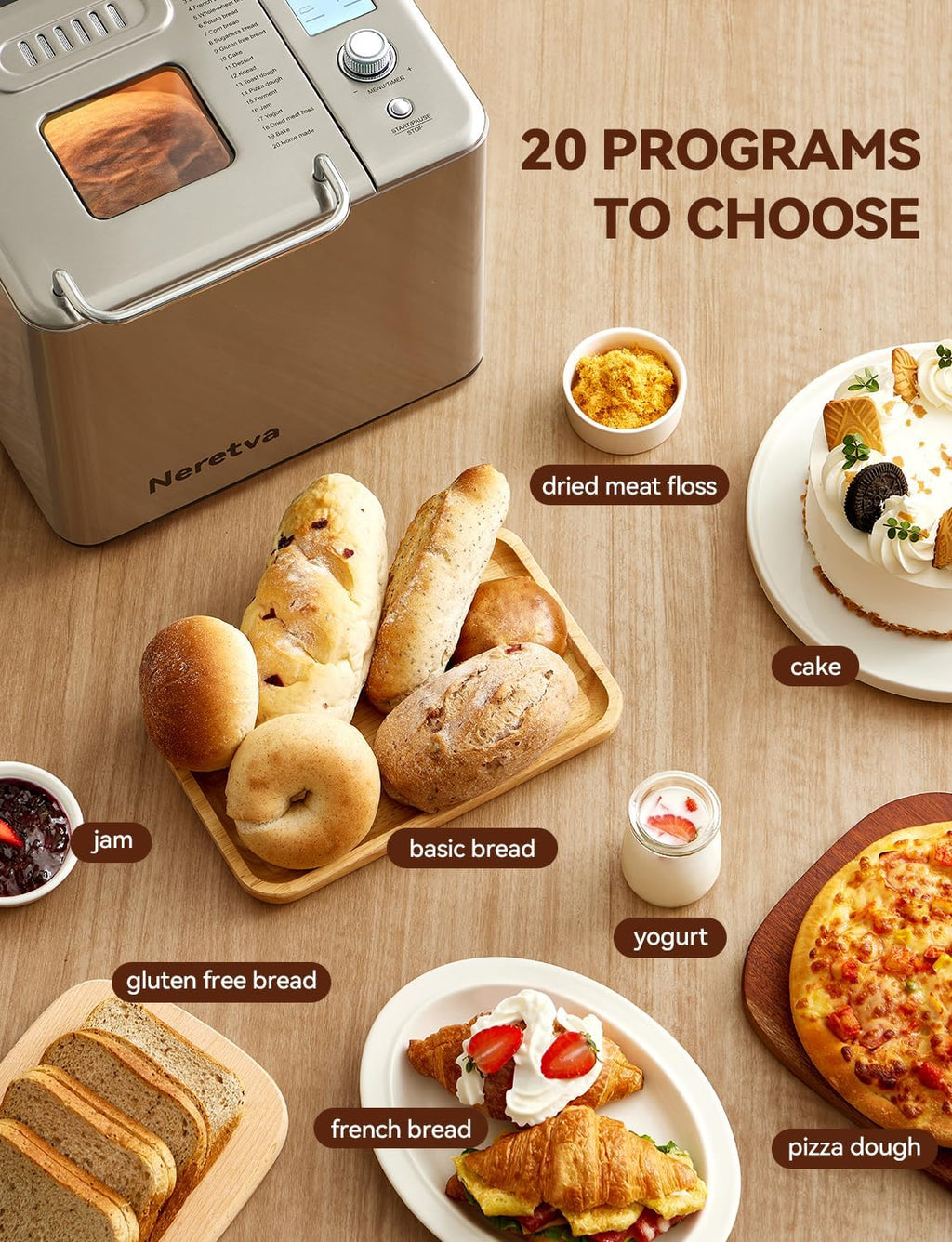 Neretva Bread Maker, 20-in-1 2LB Bread Maker Dual Heater Bread Maker Automatic with Non-Stick Ceramic Pan wourant
