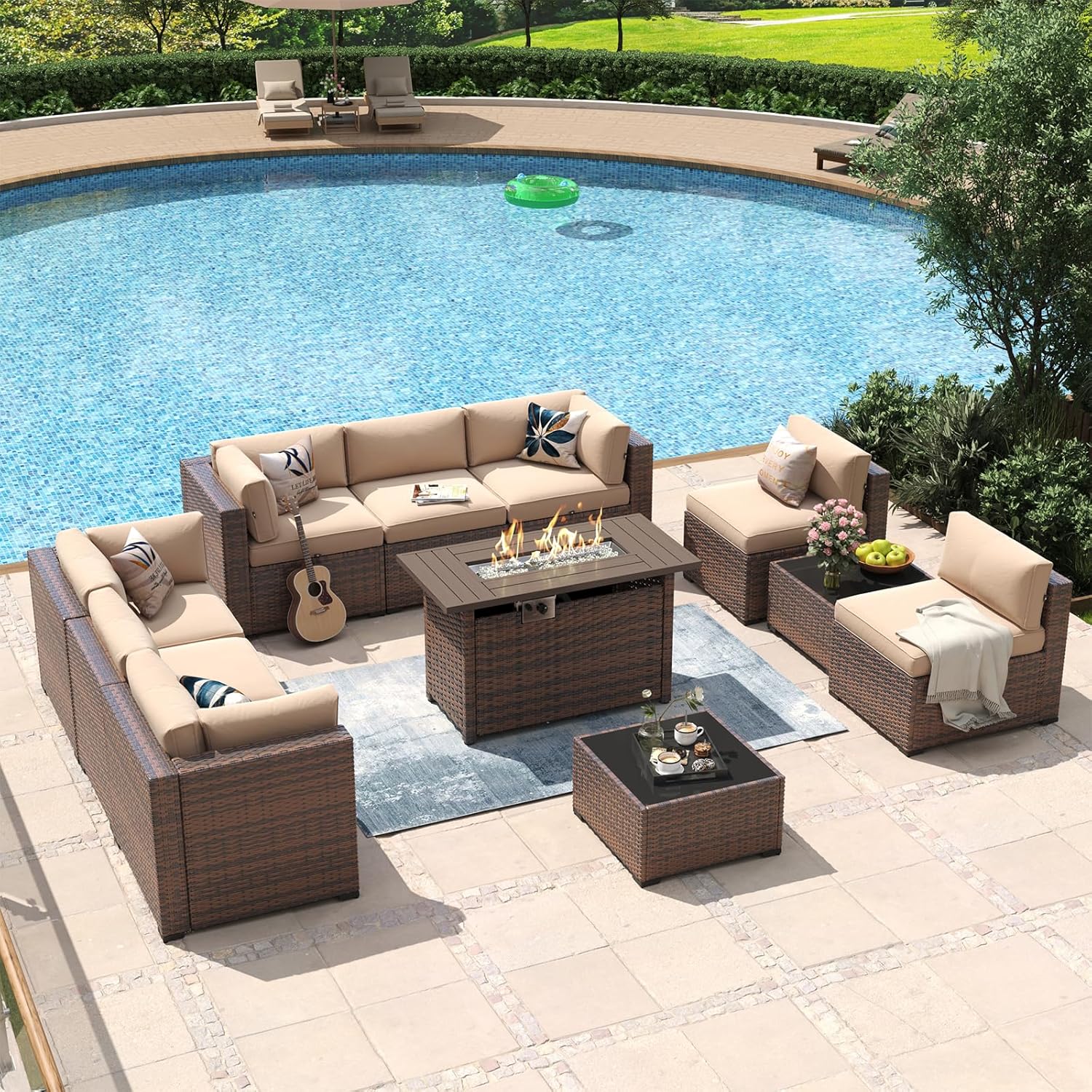 Aoxun 8 Piece Patio Furniture Set with 44?Fire Pit Table Wicker Rattan Outdoor Sectional Sofa Set with Coffee Table and Thickened Cushions, Beige (Waterproof Cover Included) woonhhop
