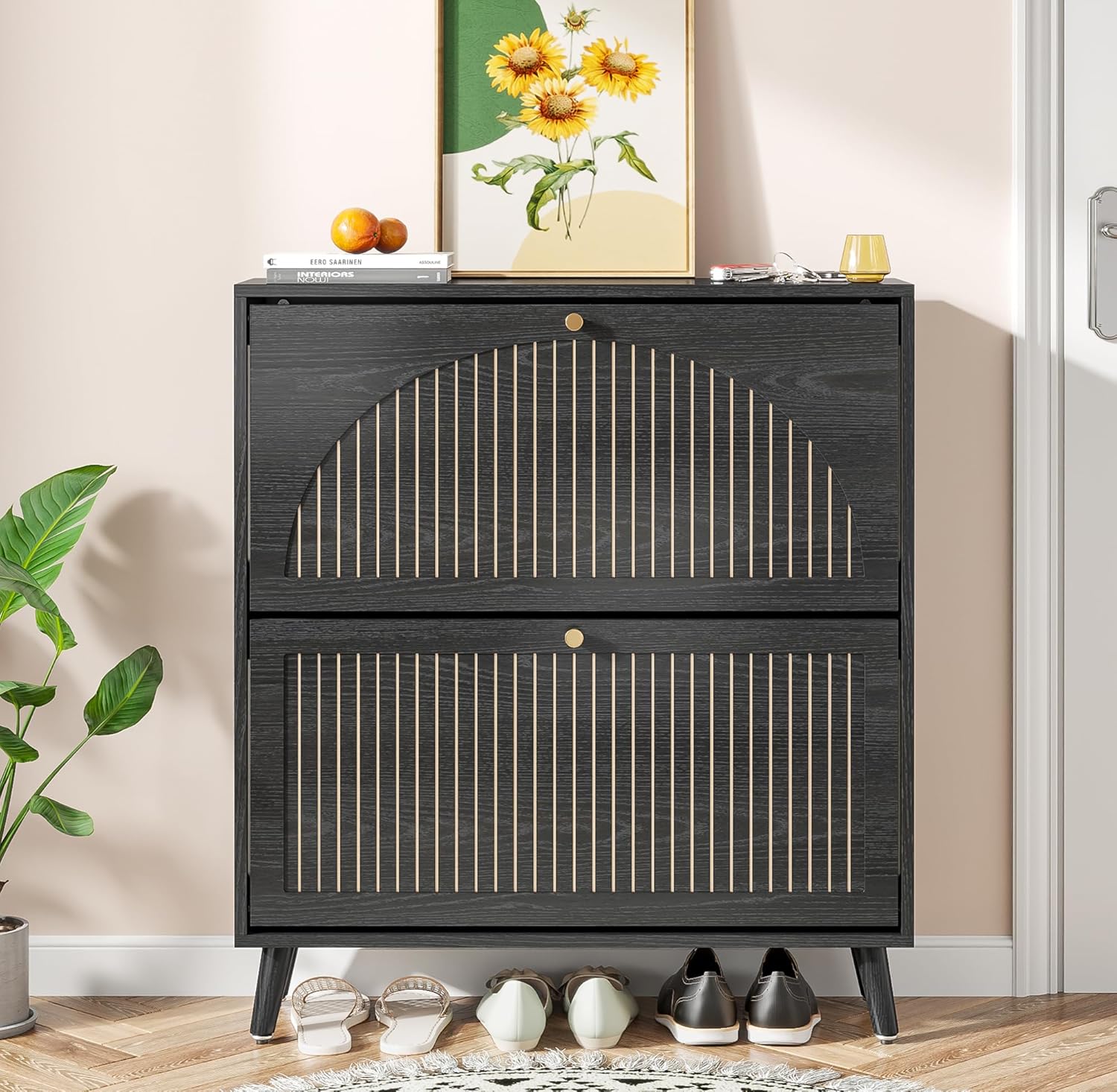 Entrance shoe cabinet with 2 flip-top drawers, narrow wooden shoe cabinet with fluted panels wourant