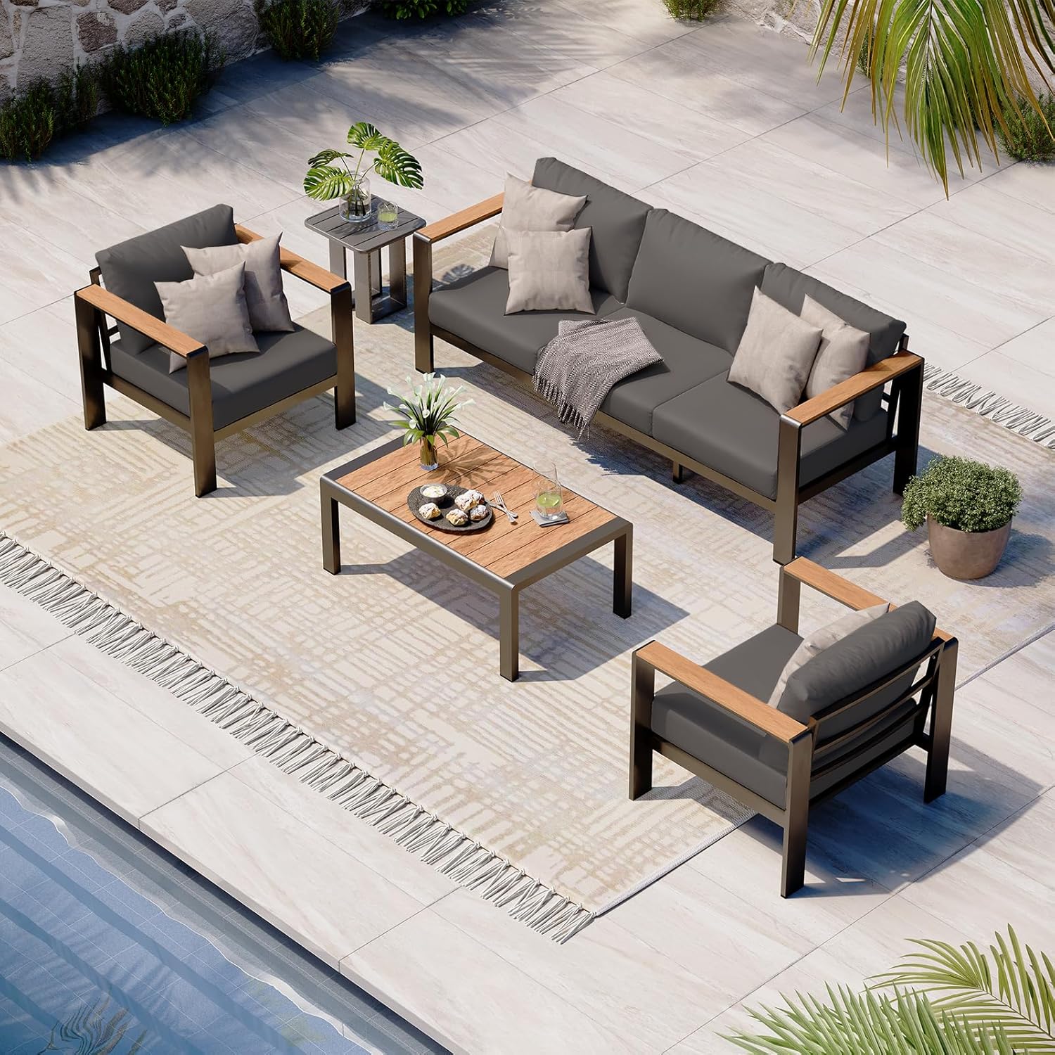 Aluminum Outdoor Patio Furniture Set with Coffee Table, 4 Piece Patio Conversation Sets with Washable Thick Cushions, Outdoor Sectional Furniture Set for Poolside, Balcony, Deck, Gray woonhhop