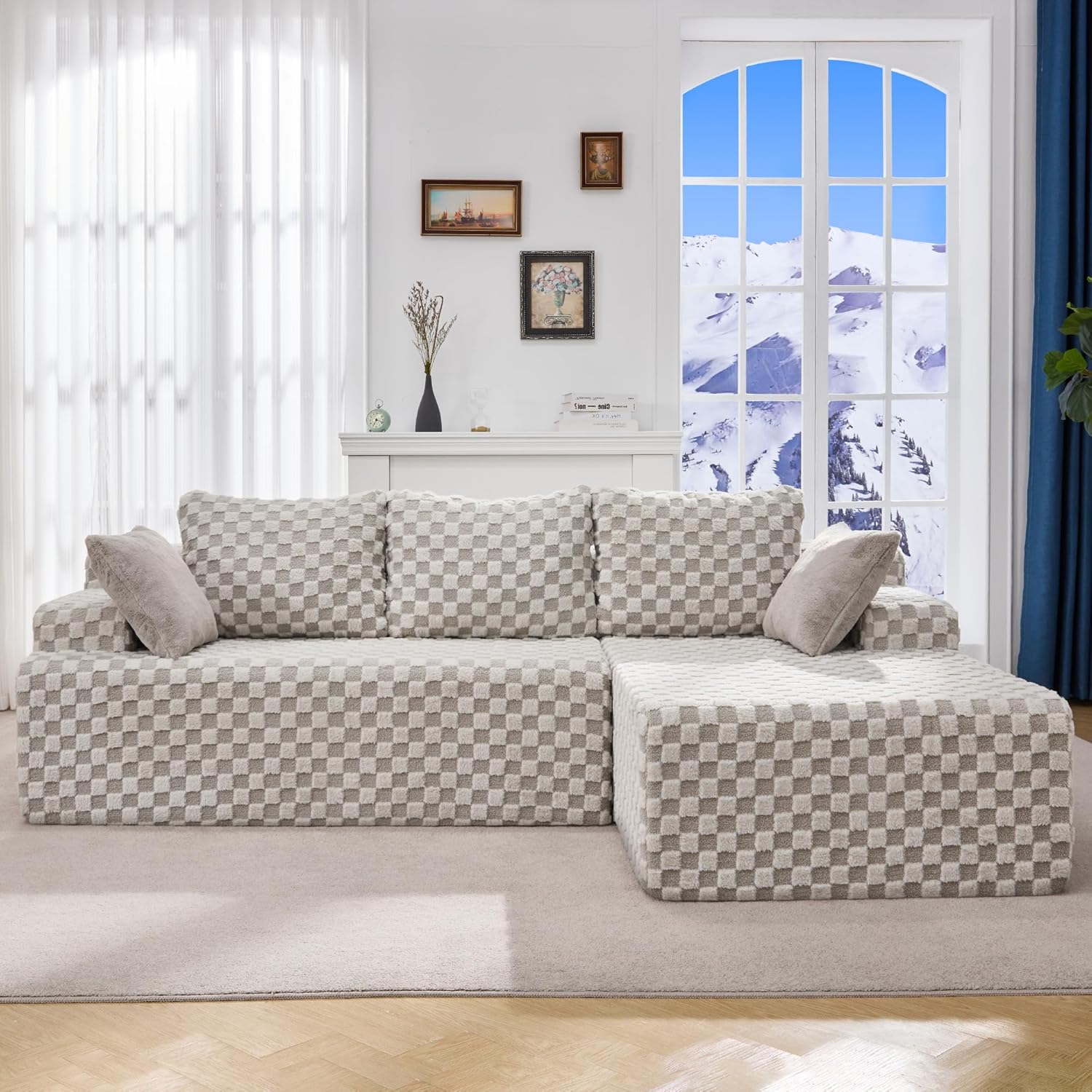 Modular Sectional Sofa Couches L-Shape Couch 3 Seat Modular Sofa Memory Foam Sectional Couches for Living Room, Cloud Couch with Oversized Chaise (Grey Stripe, 96" Left Facing Chaise) wourant