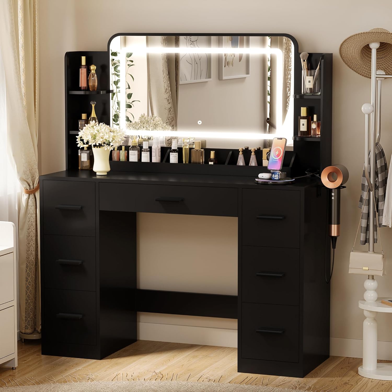 Furmax Vanity Desk with Mirror, LED Lights and Power Outlet Makeup Vanity Table wourant