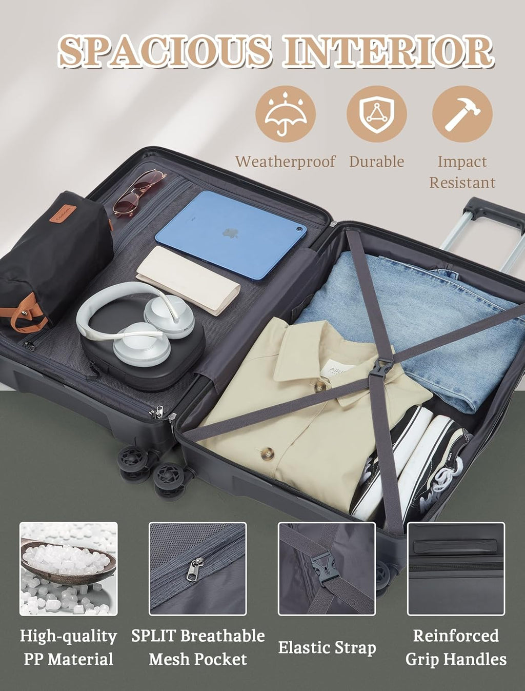 5-piece luggage set with wheels, ABS hardshell suitcase with spinner wheels wourant