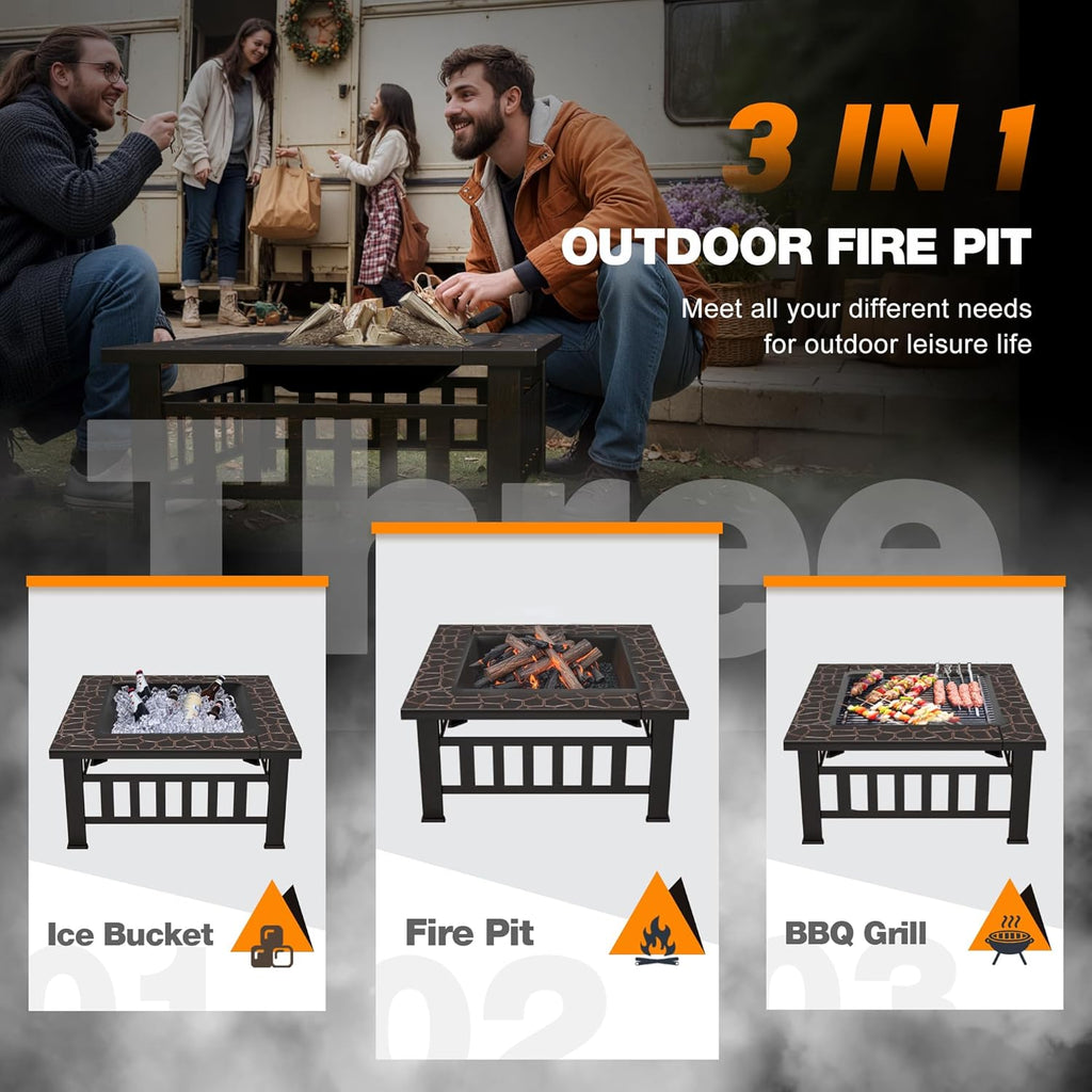 Devoko Outdoor Fire Pit, 32 Inch Firepit Table Metal Outdoor Fireplaces with Waterproof Cover for Outside Patio Camping wourant