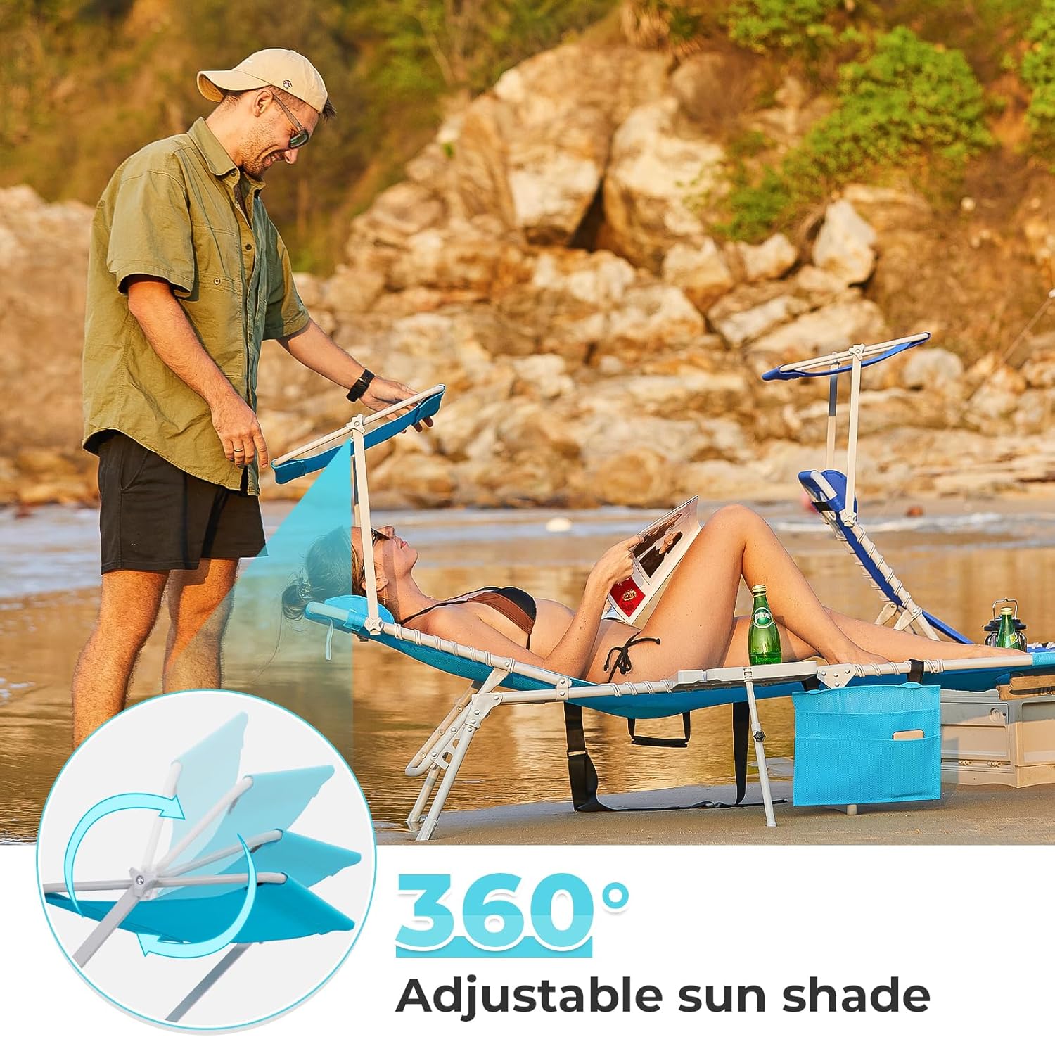 2 Pack Outdoor Chaise Lounge Chair - Portable Folding Patio Pool Lounge Chair, 5 Positions Adjustable Reclining Camping Chair with Side Table,Shoulder Strap, Pillow for Beach Sunbathing Lawn wourant