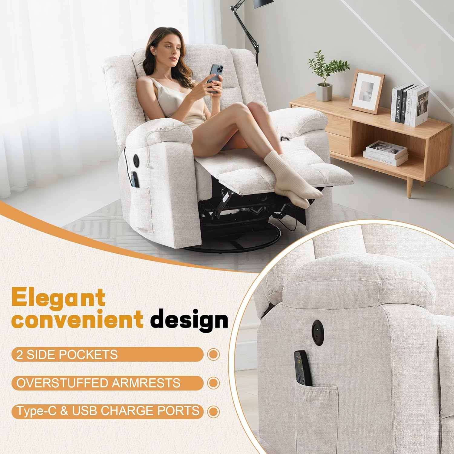 Rocker Recliner, Glider Recliner Chairs for Adults, 360° Swivel Rocking Chair with Massage and Heating, Nursery Chair with Storage and USB Charging for Living Room, Bedroom, Nursery wourant