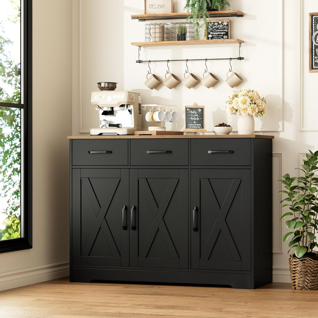 Modern farmhouse sideboard, barn door buffet storage cabinet with drawers and shelves, wooden coffee bar with storage wourant