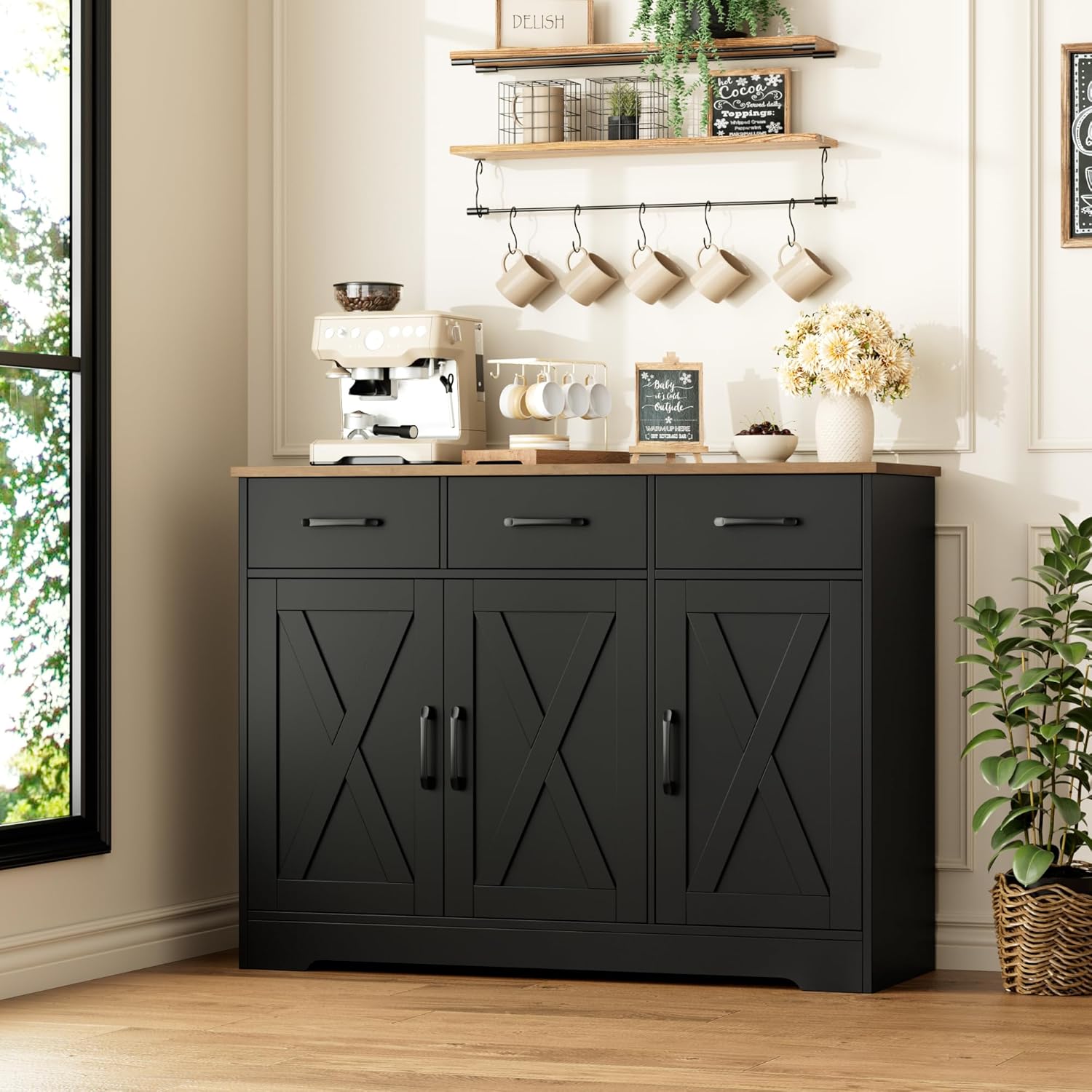 Modern farmhouse sideboard, barn door buffet storage cabinet with drawers and shelves, wooden coffee bar with storage wourant