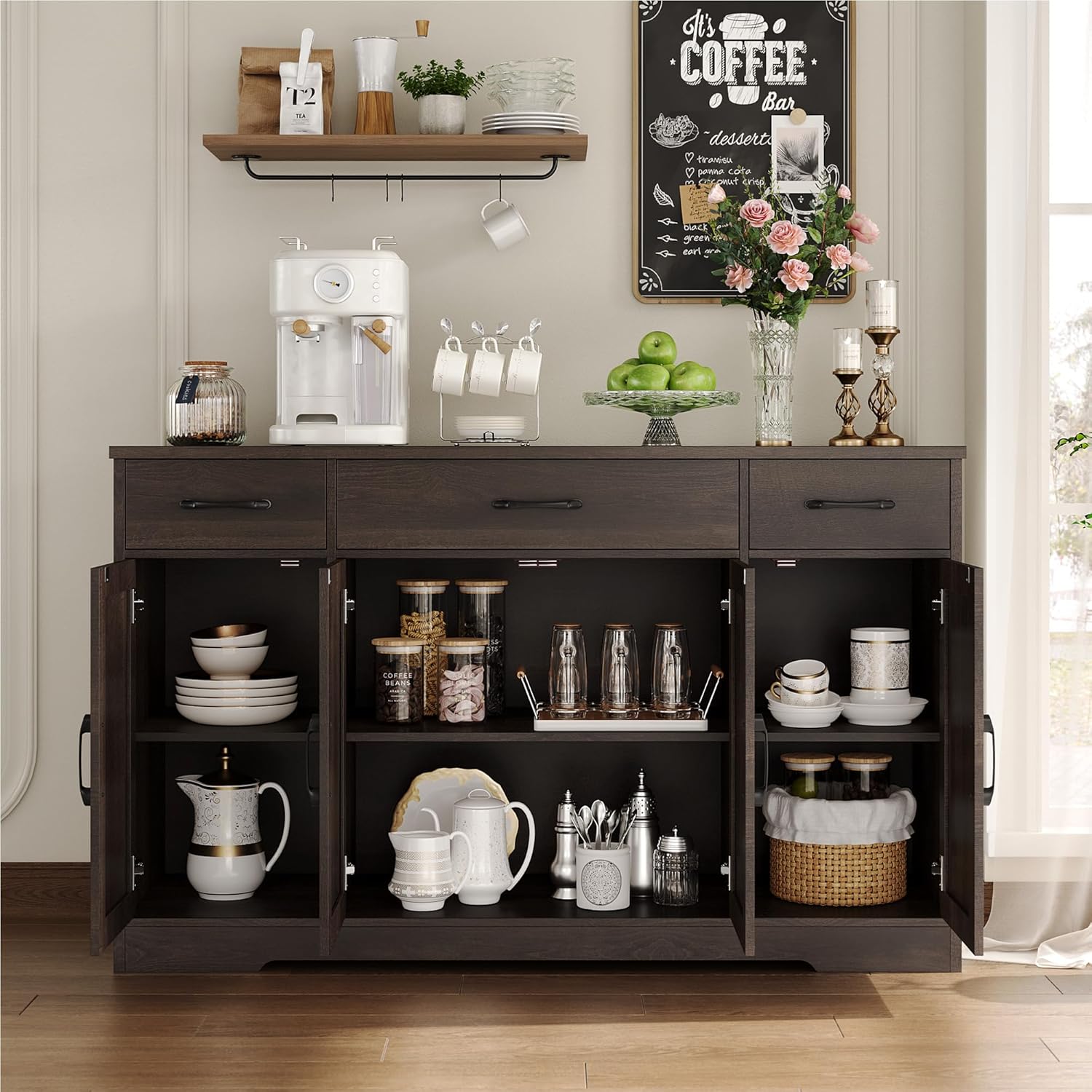 Sideboard with drawers, large 55-inch sideboard, sideboard storage with shelves and doors, modern farmhouse coffee bar wood kitchen dining table wourant