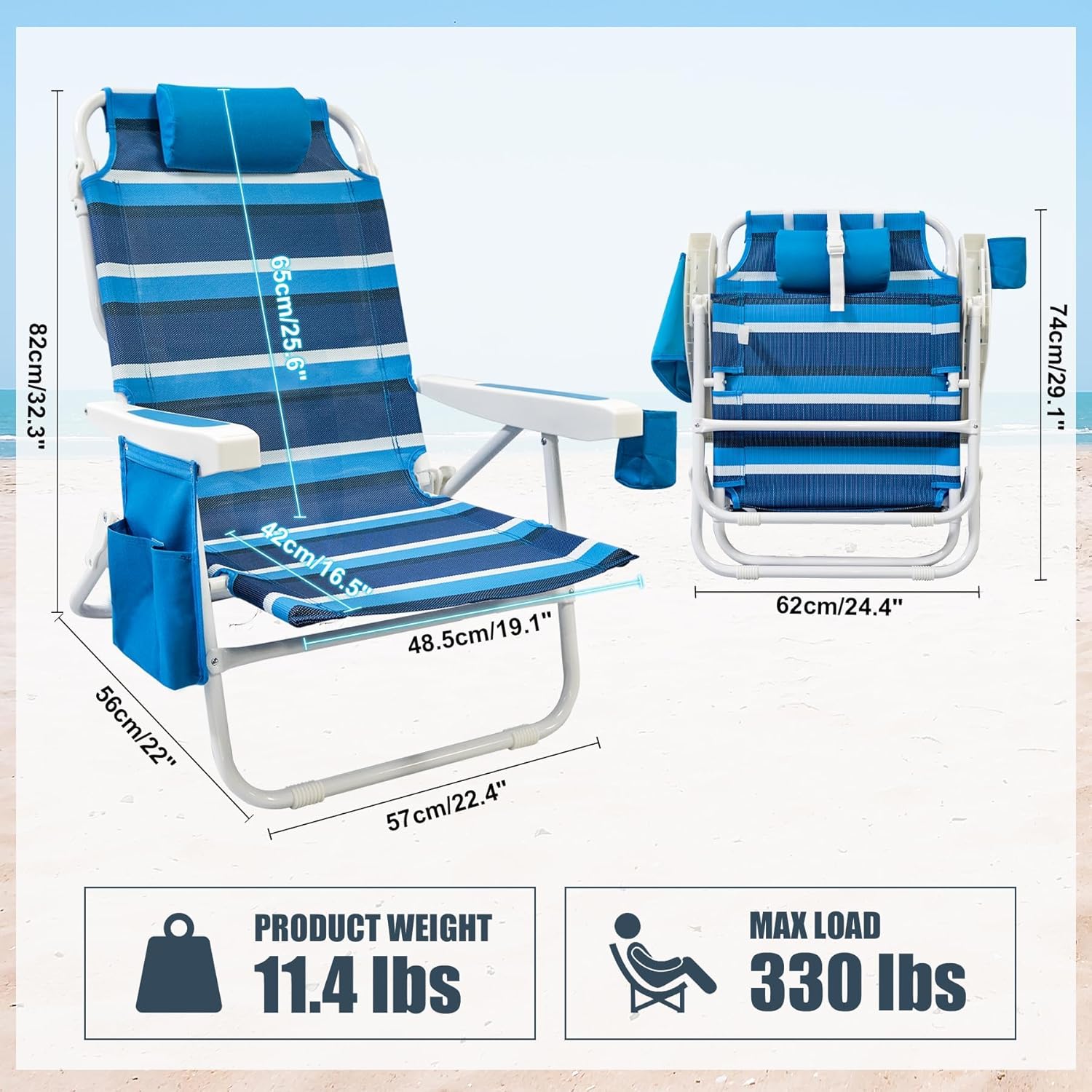 Beach Chair 2 Pack 5 Positions Textilene Folding Reclining Beach Chair with Backpack Straps Cooler Bag & Cup Holder for Outdoor Lawn Camping wourant