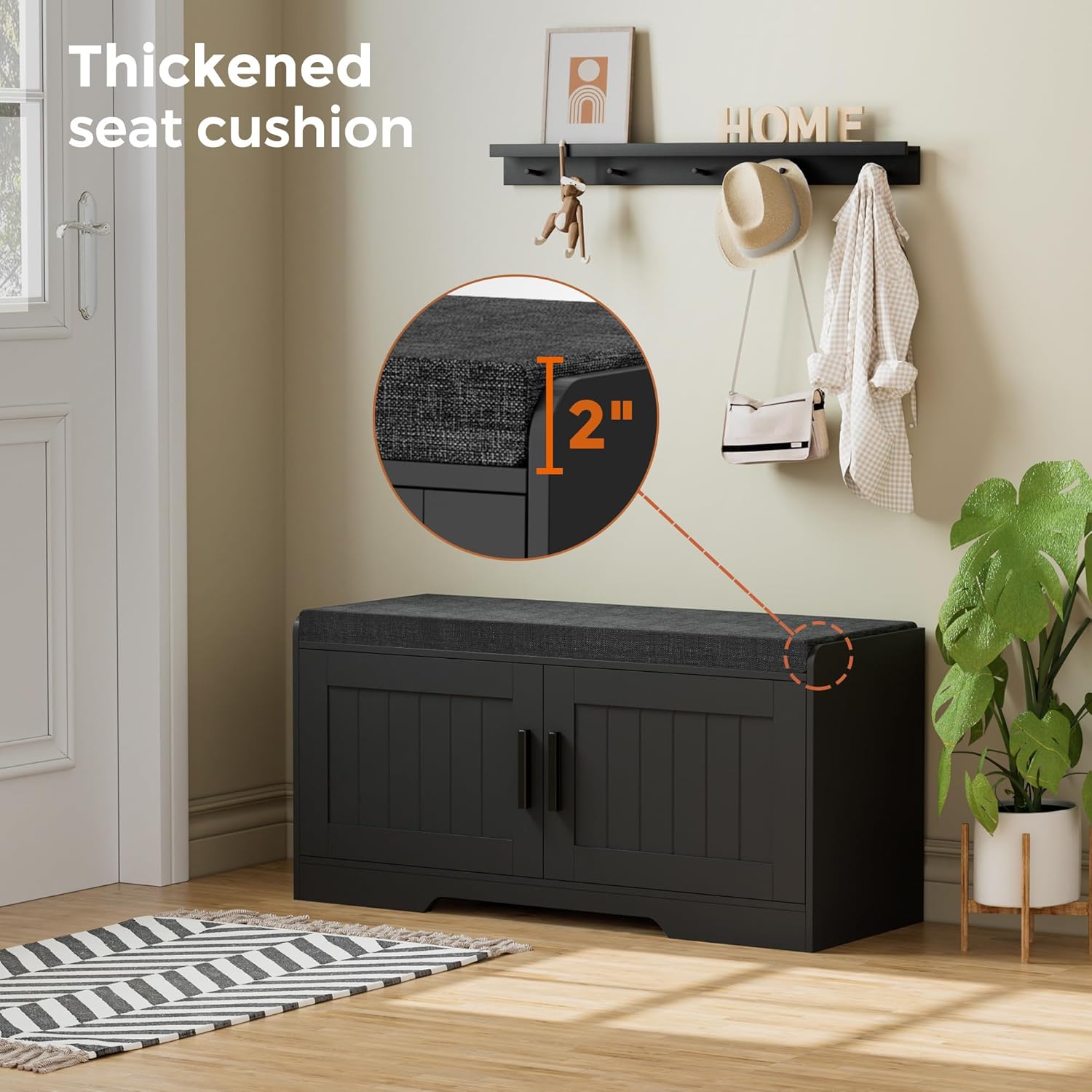 2-Tier Storage Bench, Shoe Bench with Thickened Padded Seat Cushion, Entryway Bench with 4 Doors, Adjustable Shelf wourant