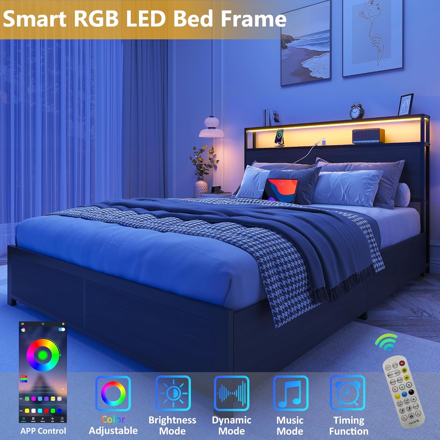 Lifezone Queen Bed Frame with 2-Tier Storage Headboard, Metal Platform Bed Frame with 4 Storage Drawers, Built in Charging Station & LED, Noise-Free/Metal Support/No Box Spring Needed wourant