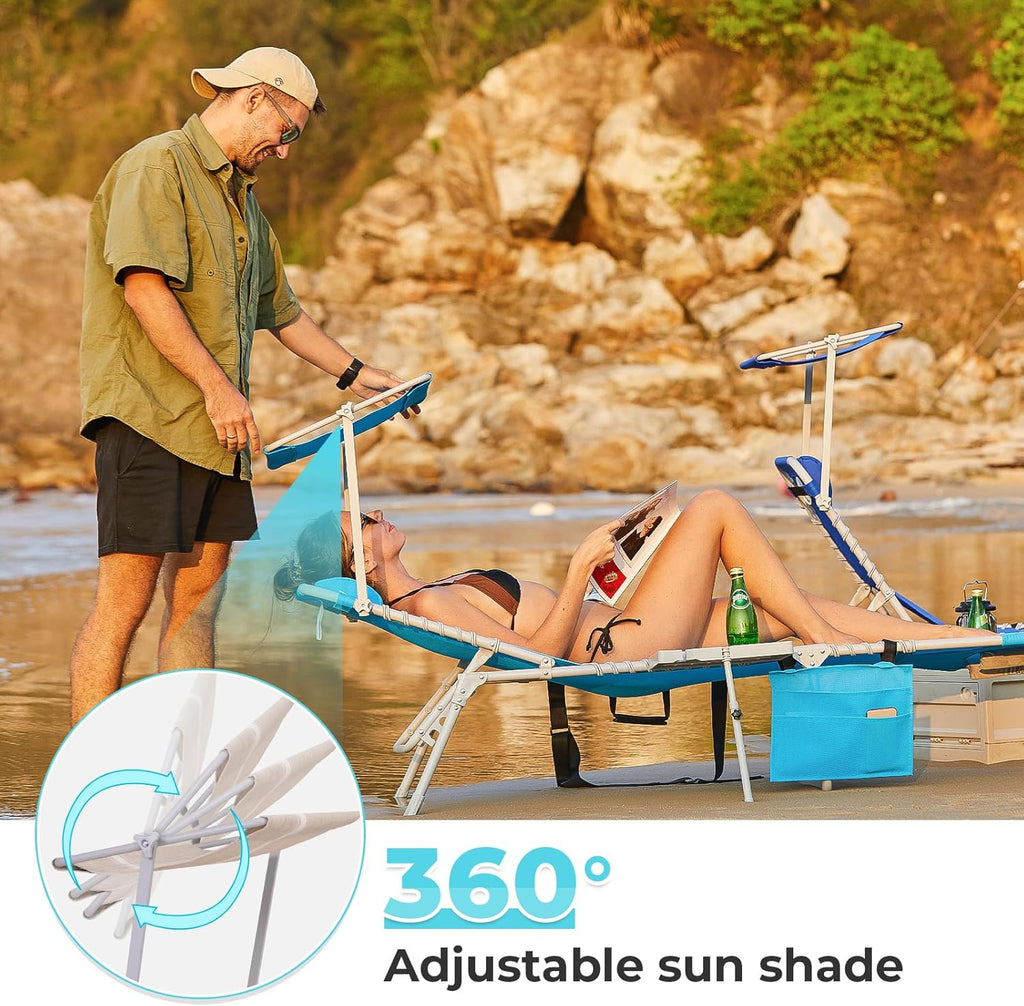 2 Pack Outdoor Chaise Lounge Chair - Portable Folding Patio Pool Lounge Chair, 5 Positions Adjustable Reclining Camping Chair with Side Table,Shoulder Strap, Pillow for Beach Sunbathing Lawn wourant