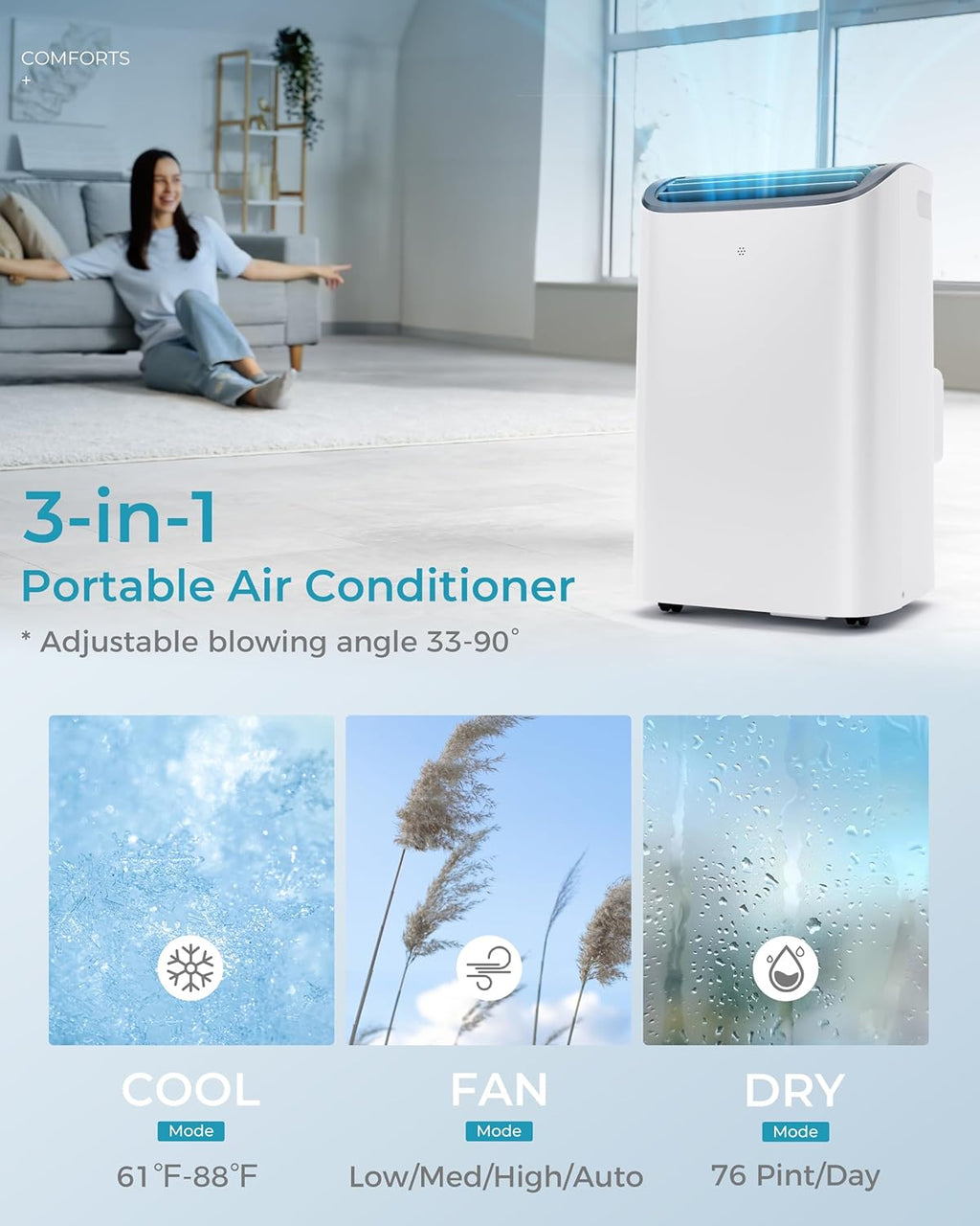 EUHOMY 8,000 BTU Portable Air Conditioners, 4-in-1 Portable AC Unit Up to 350 Sq.Ft, 4 Modes Quiet Air Conditioner with Remote Control, Cool, Fan, Dehumidifier, 24H Timer, Bedroom, Office, Apartments wourant