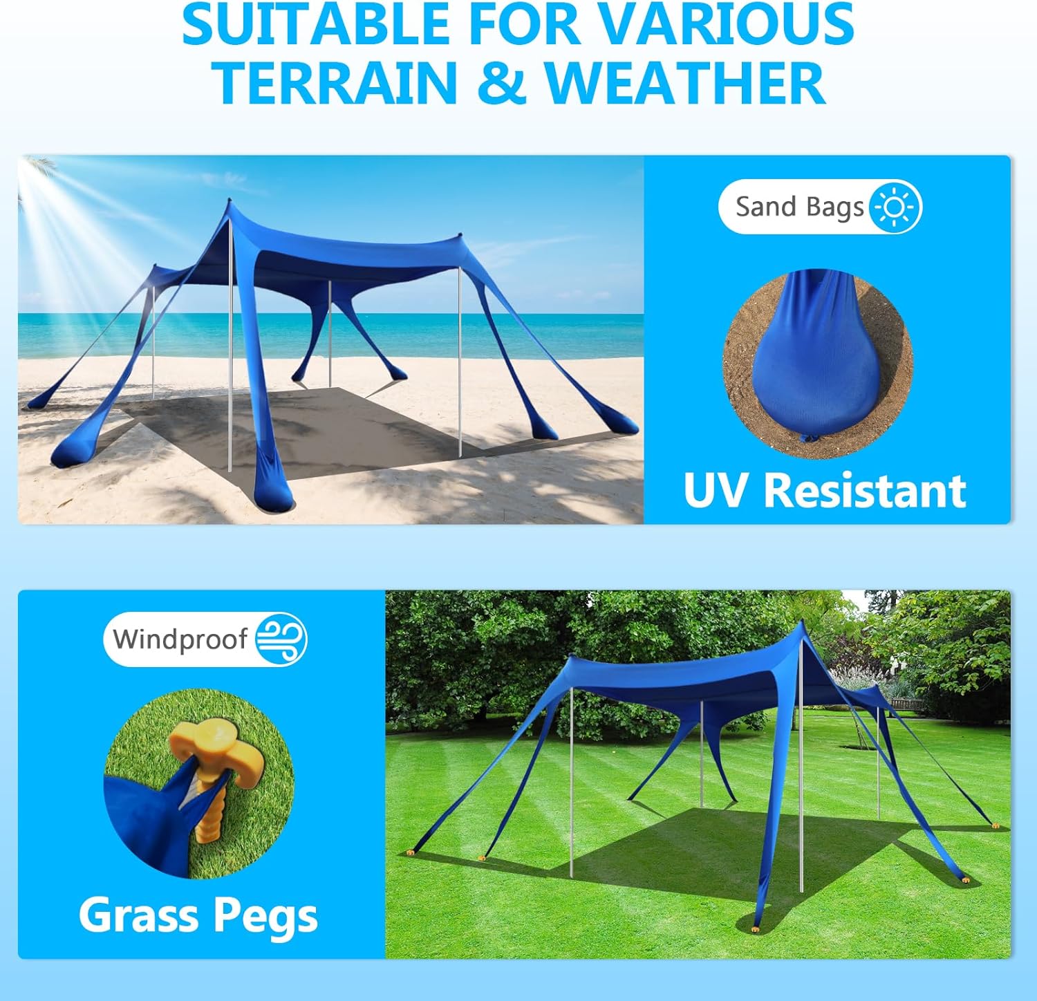 Beach Tent Sun Shelter, 10 x 10 FT Beach Canopy Tent Sun Shade Heavy Duty, UPF50+ Beach Tent Canopy with 8 Sandbags & 4 Stability Poles, Outdoor Beach Shade Canopy for Camping and Fishing, Blue wourant