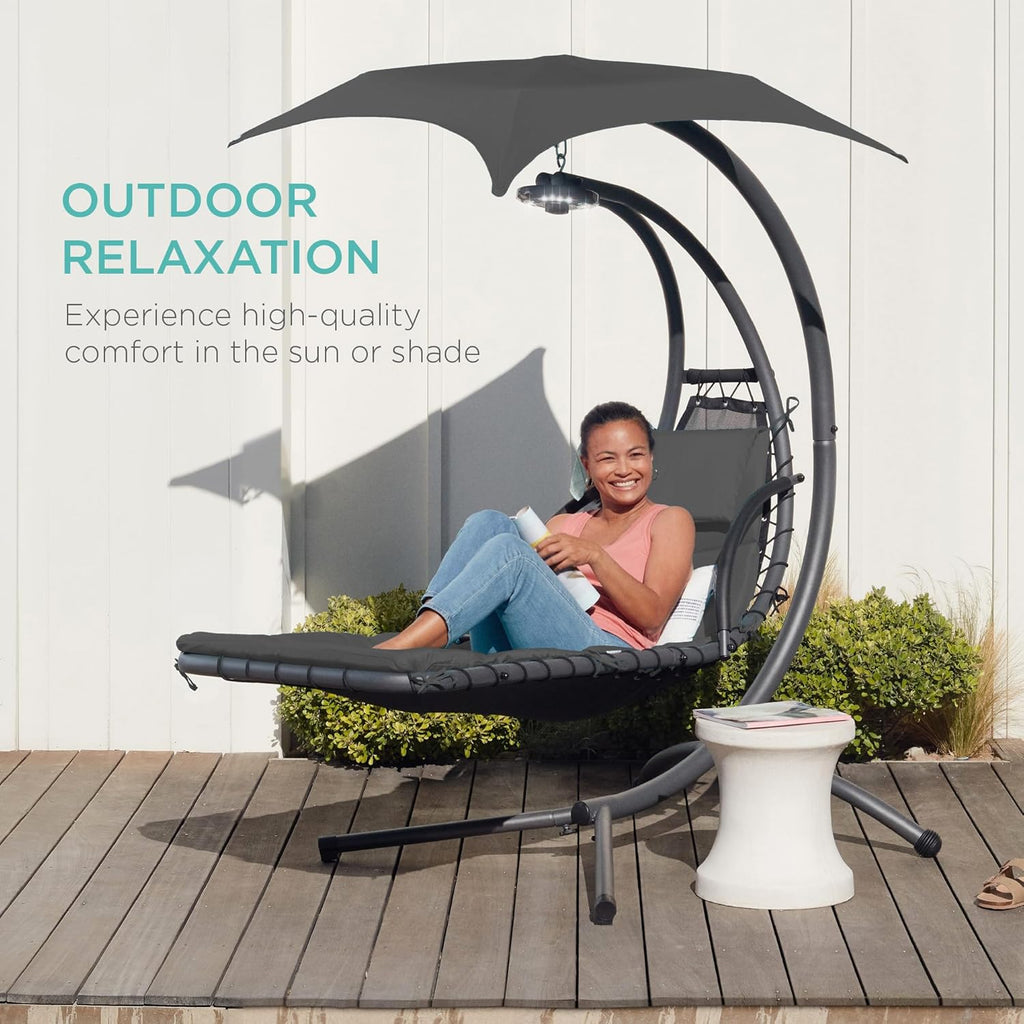 Best Choice Products Outdoor Hanging Curved Steel Chaise Lounge Chair Swing w/Built-in Pillow and Removable Canopy - Charcoal Gray wourant
