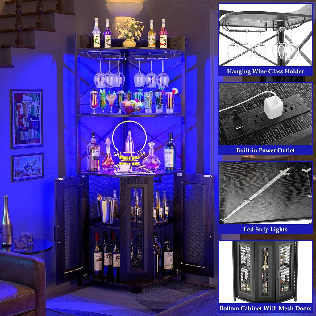 Aheaplus Corner Bar Cabinet with Power Outlet, Industrial Wine Cabinet with LED Strip and Glass Holder, 5-Tiers Liquor Cabinet Bar Unit for Home, Corner Display Cabinet for Small Space, White Oak wourant