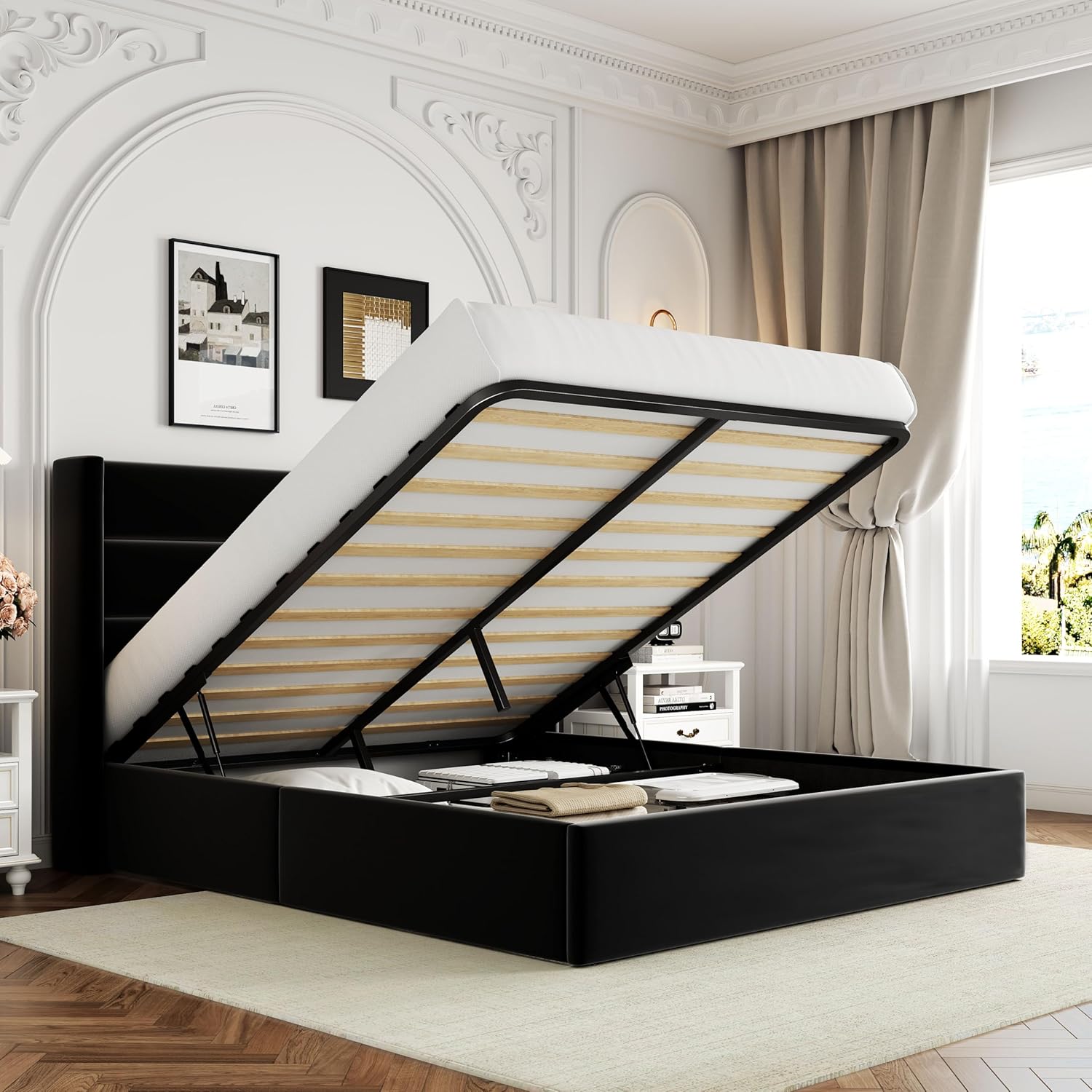 Allewie Queen Size Lift Up Storage Bed Modern Wingback Headboard Hydraulic Support wourant