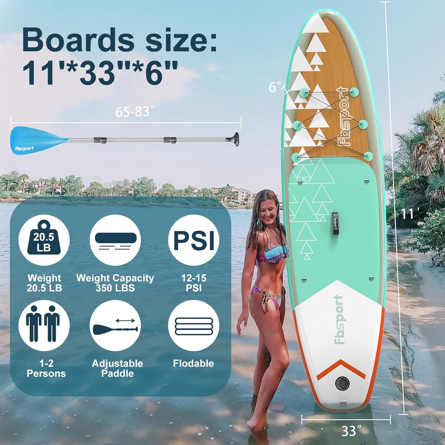 FBSPORT 11' Premium Stand Up Paddle Board, Yoga Board with Durable SUP Accessories & Carry Bag | Wide Stance, Surf Control, Non-Slip Deck, Leash, Paddle and Pump for Youth & Adult wourant