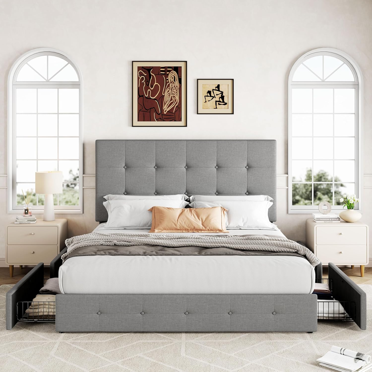 Allewie Upholstered Queen Size Platform Bed Frame with 4 Storage Drawers and Headboard wourant