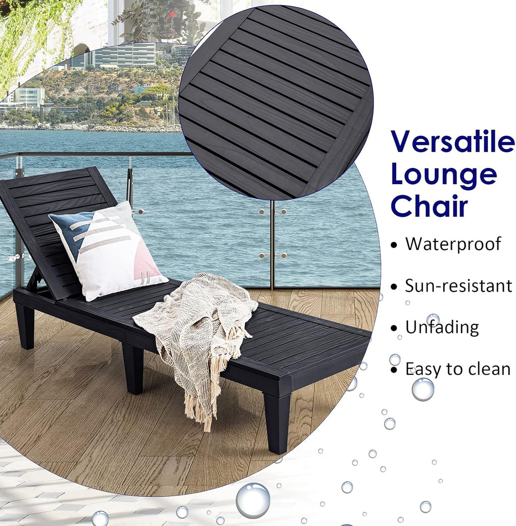 Outdoor Chaise Lounge Chair, Lightweight Patio Lounge Recliner Chair with Adjustable Backrest, 5 Reclining Positions Chaise Lounger for Patio, Beach, Balcony, Poolside, Backyard (1, Black) wourant