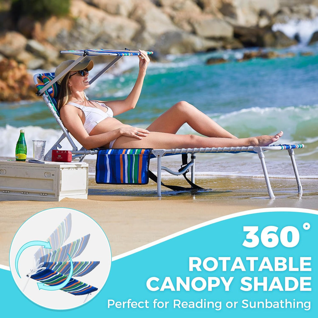 2 Pack Outdoor Chaise Lounge Chair - Portable Folding Patio Pool Lounge Chair, 5 Positions Adjustable Reclining Camping Chair with Side Table,Shoulder Strap, Pillow for Beach Sunbathing Lawn wourant