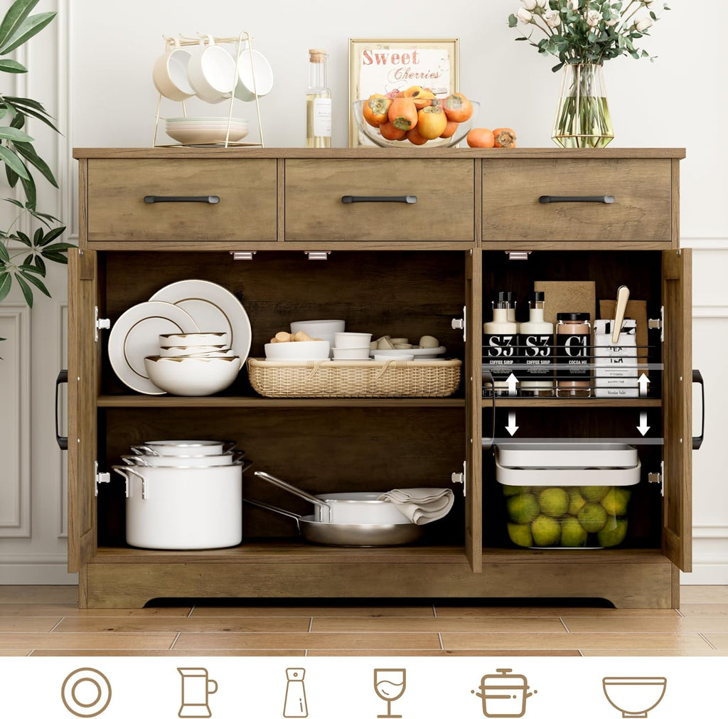 Modern farmhouse sideboard, barn door buffet storage cabinet with drawers and shelves, wooden coffee bar with storage wourant
