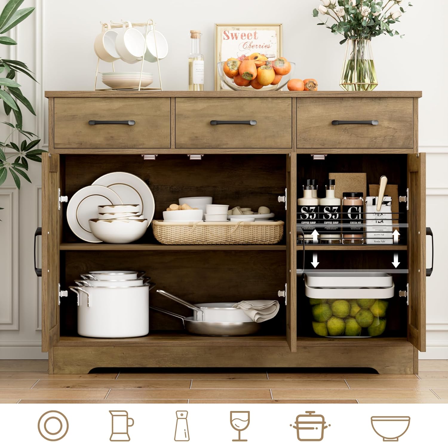 Modern farmhouse sideboard, barn door buffet storage cabinet with drawers and shelves, wooden coffee bar with storage wourant