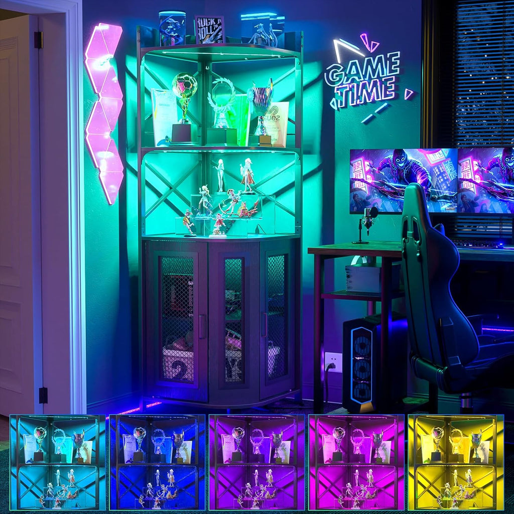 Aheaplus Corner Bar Cabinet with Power Outlet, Industrial Wine Cabinet with LED Strip and Glass Holder, 5-Tiers Liquor Cabinet Bar Unit for Home, Corner Display Cabinet for Small Space, White Oak wourant