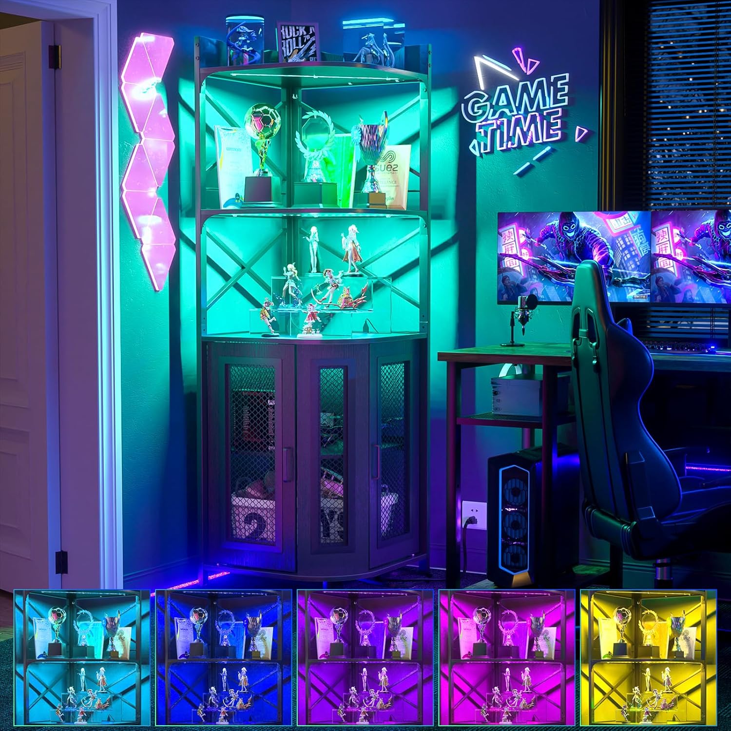 Aheaplus Corner Bar Cabinet with Power Outlet, Industrial Wine Cabinet with LED Strip and Glass Holder, 5-Tiers Liquor Cabinet Bar Unit for Home, Corner Display Cabinet for Small Space, White Oak wourant