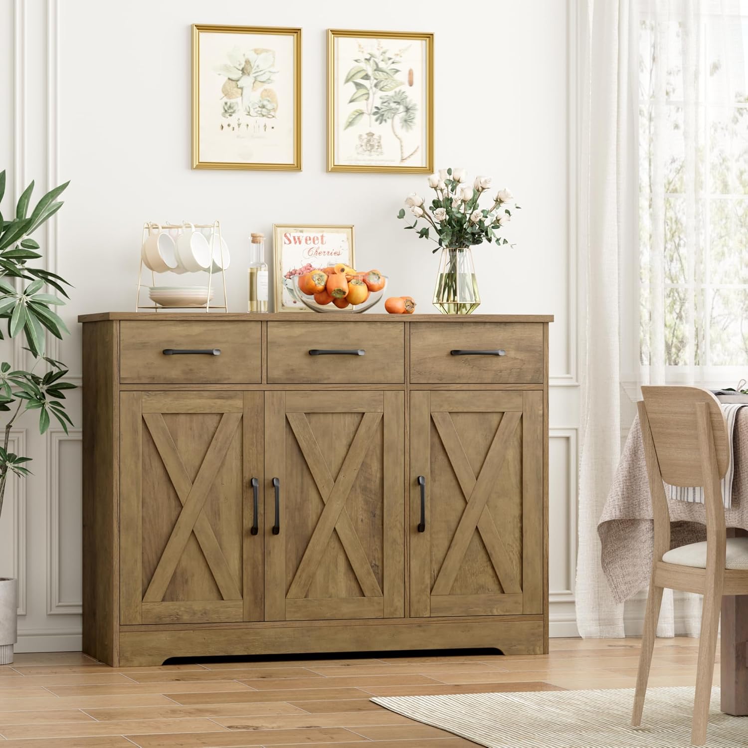 Modern farmhouse sideboard, barn door buffet storage cabinet with drawers and shelves, wooden coffee bar with storage wourant