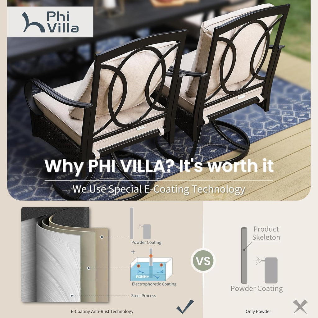PHI VILLA 6-Piece Outdoor Dining Sets, All-Weather Patio Table and Chairs Set with Umbrella for 4, Heavy Duty Patio Round Table Set for Deck, 4 Extra Large Outdoor Swivel Chairs with Thick Cushions wourant