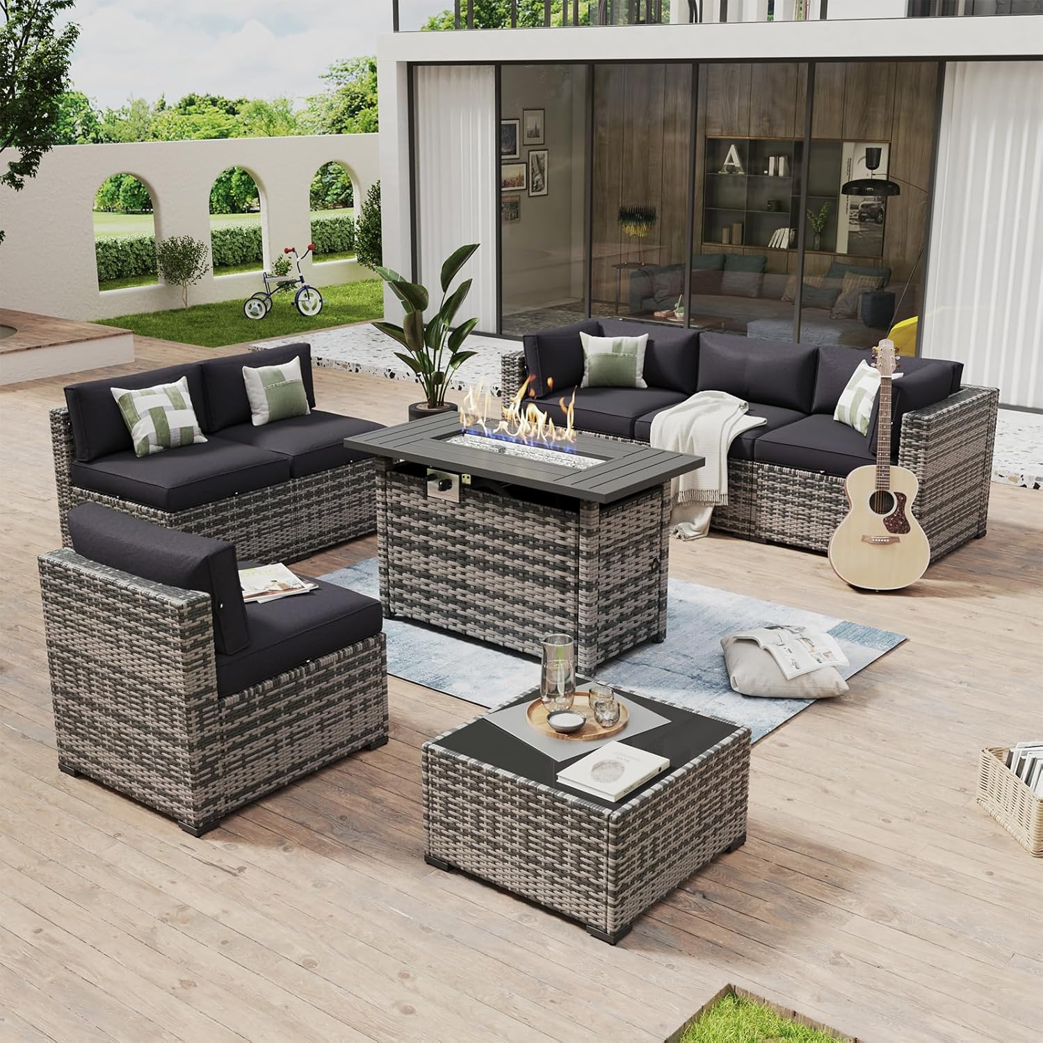 Aoxun 8 Piece Patio Furniture Set with 44?Fire Pit Table Wicker Rattan Outdoor Sectional Sofa Set with Coffee Table and Thickened Cushions, Beige (Waterproof Cover Included) woonhhop