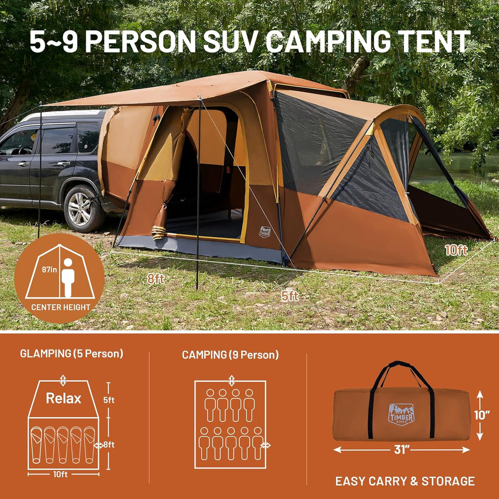 TIMBER RIDGE 5-9 Person SUV Tent with Screen Porch and Awning for Family Camping, Weather Resistant and Portable Van or Car Tent, Includes Rainfly and Storage Bag, 13' W X 10' L X 7.1' H wourant