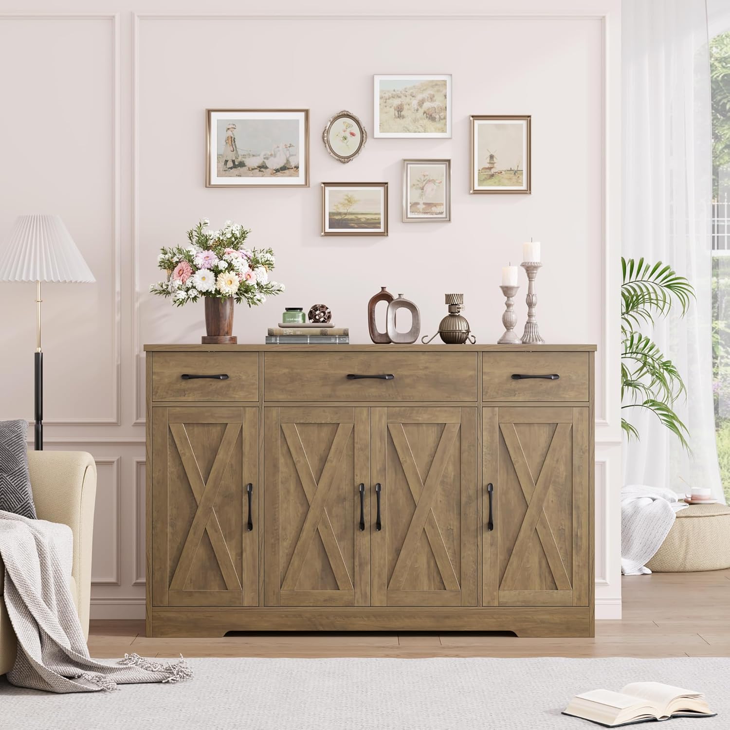 Sideboard with drawers, large 55-inch sideboard, sideboard storage with shelves and doors, modern farmhouse coffee bar wood kitchen dining table wourant