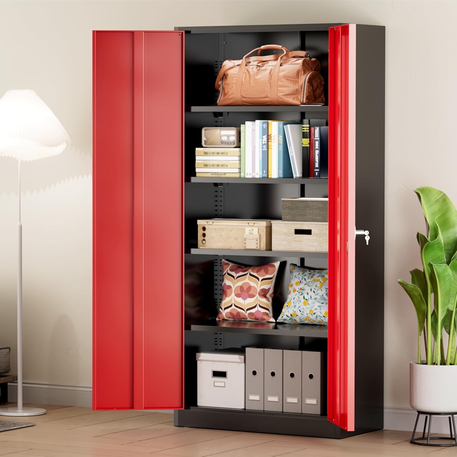 Greenvelly Metal Storage Cabinet, 72" Black Locking Metal Cabinet with 2 Doors and 4 Adjustable Shelves, Lockable Garage Storage Cabinets for Home Office, Garage, Kitchen, Living Room wourant