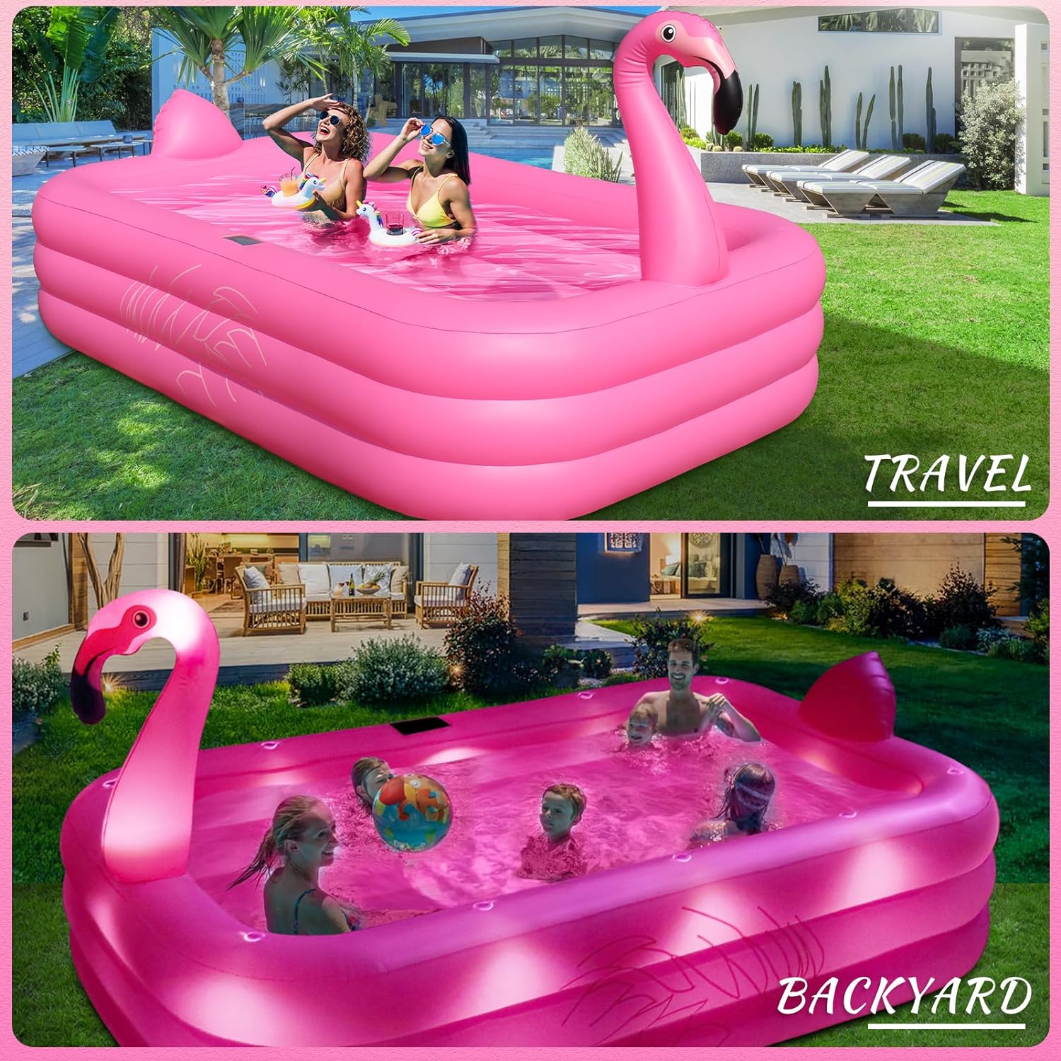 Inflatable Pool with Lights, Solar Flamingo Swimming Pool for Kids,Adults Inflatable Blow up Pool, Large Kiddie Pool, Durable Thickened Inflatable Family Pool for Backyard,Outdoor,105"x65"x25" wourant