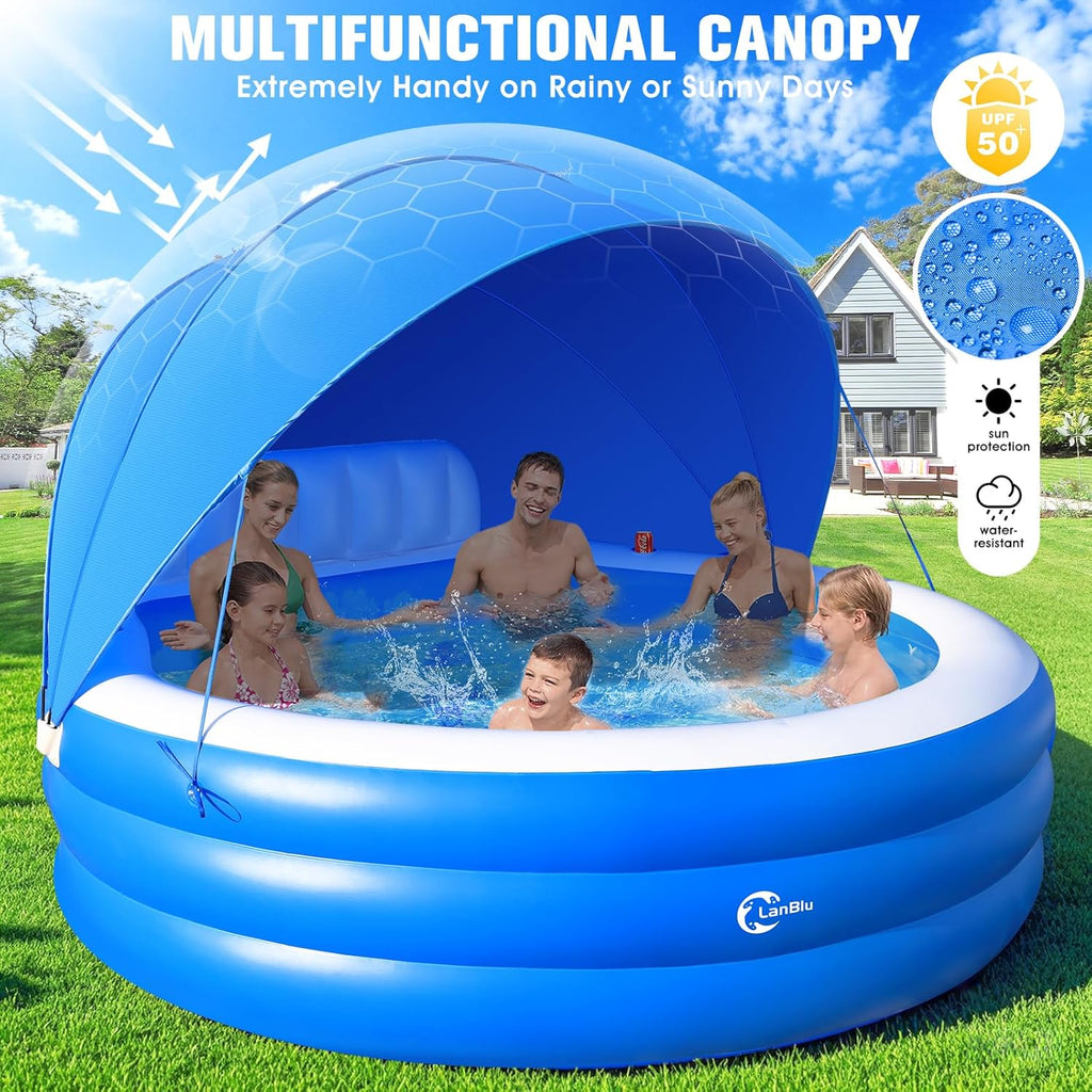 2025 Upgraded Inflatable Pool with Canopy, Inflatable Family Lounge Pool, Round Blow Up Pool for Adult with Bench & Backrest, Swim Center Easy Backyard Pools for Kids & Adults, 92"x92"x26", Blue wourant