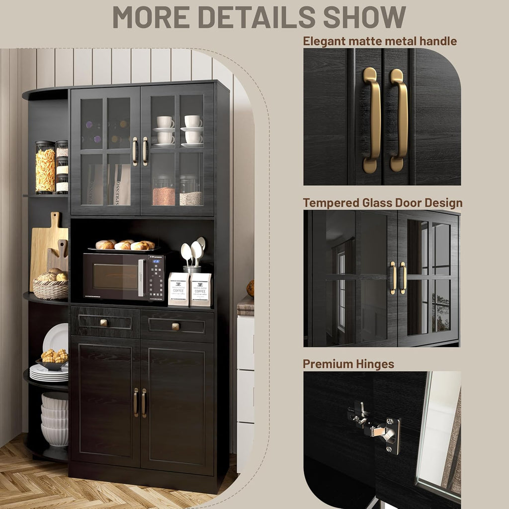 Kitchen Hutch Pantry Cabinet 71" Tall with Glass Doors wourant