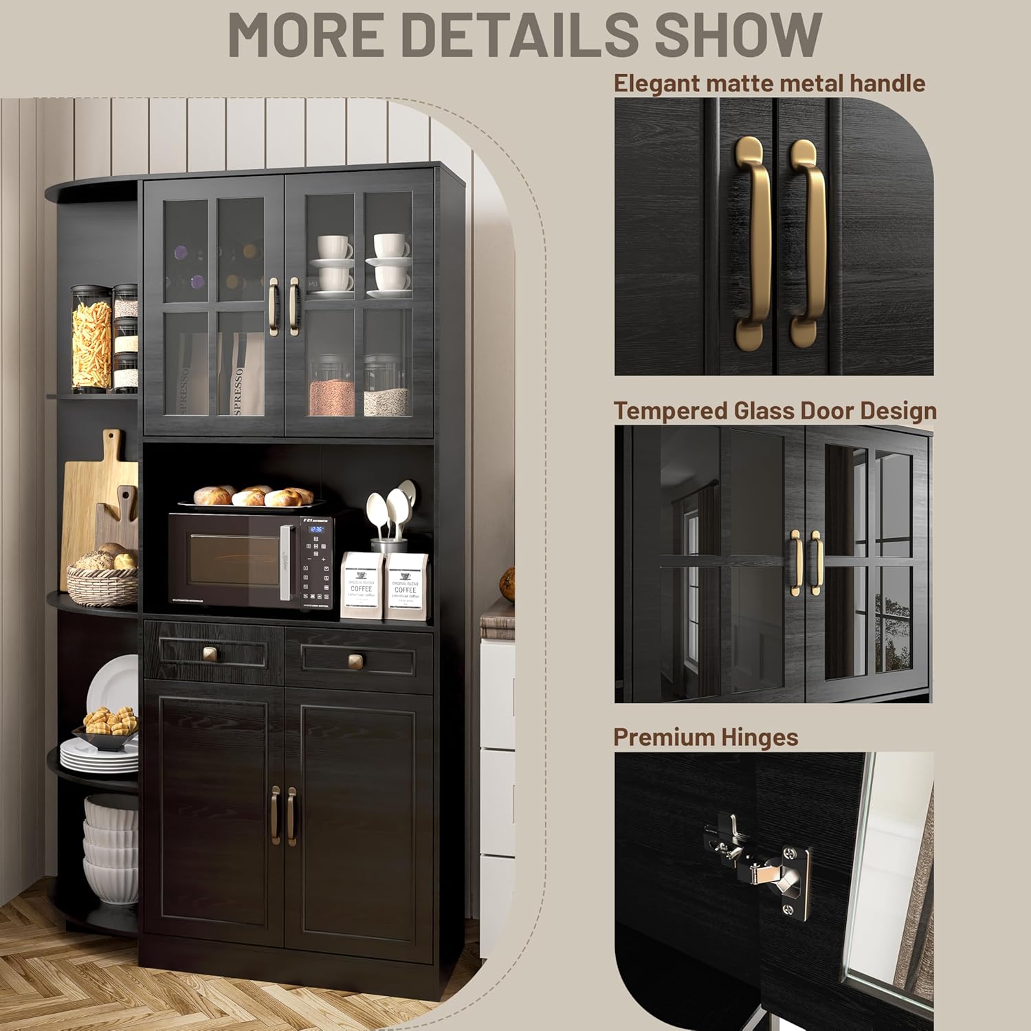 Kitchen Hutch Pantry Cabinet 71" Tall with Glass Doors wourant