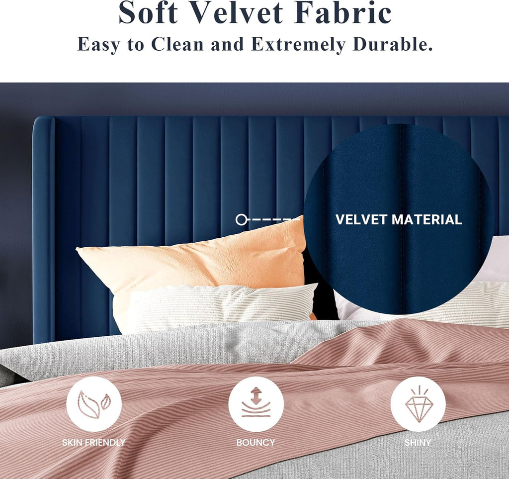 Allewie Full Size Velvet Bed Frame Vertical Channel Tufted Wingback Headboard Upholstered Bed wourant