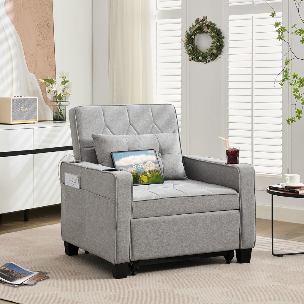 Adult Convertible Sleeper Chair Bed, 3-in-1 Pull-Out Sofa Bed with USB/Type-C Ports, Cup Holders, Side Pockets, Single Sofa wourant